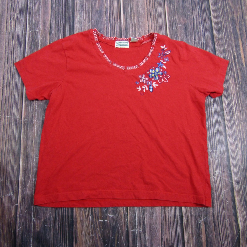 Shenanigans TShirt Women XL Red Floral Embroidered Checkered Trim Vintage Granny